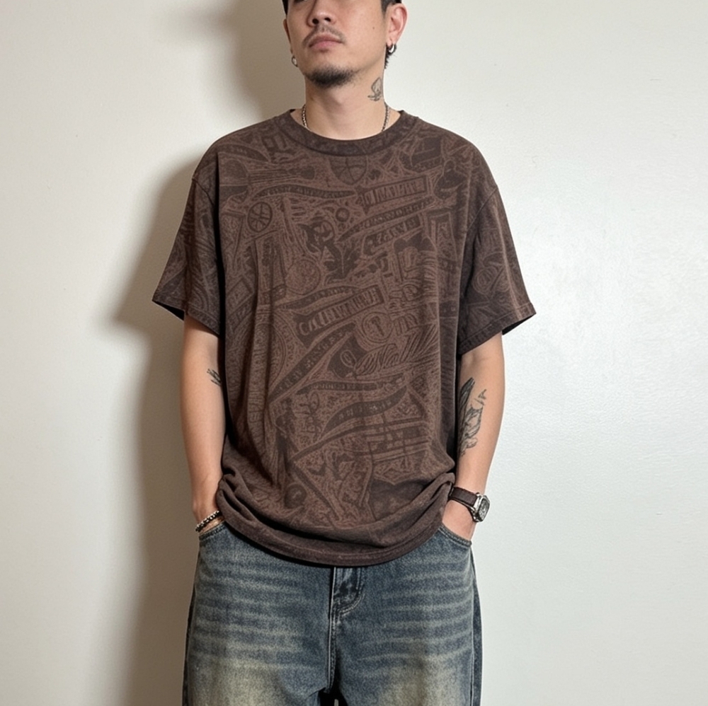 Vintage Tultex Brown Graphic Tee Size L • Country Music All Over Print T-Shirt